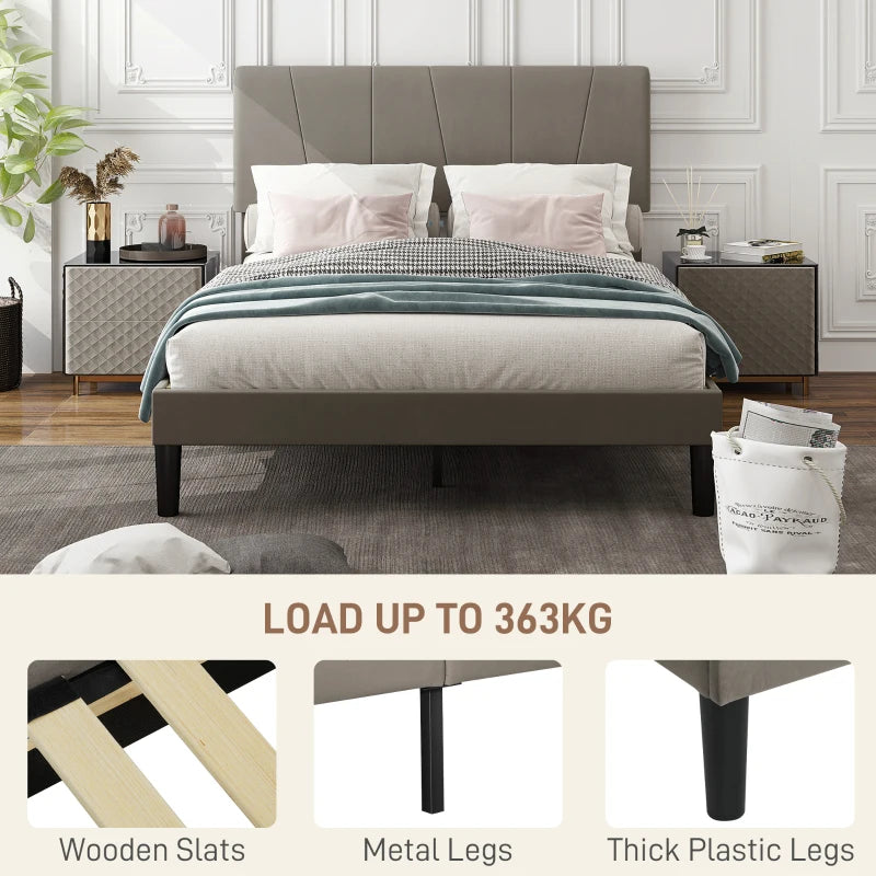 Luxurious King Size Bed Frame with Velvet Headboard Stylish Grey Design 161x208x121cm