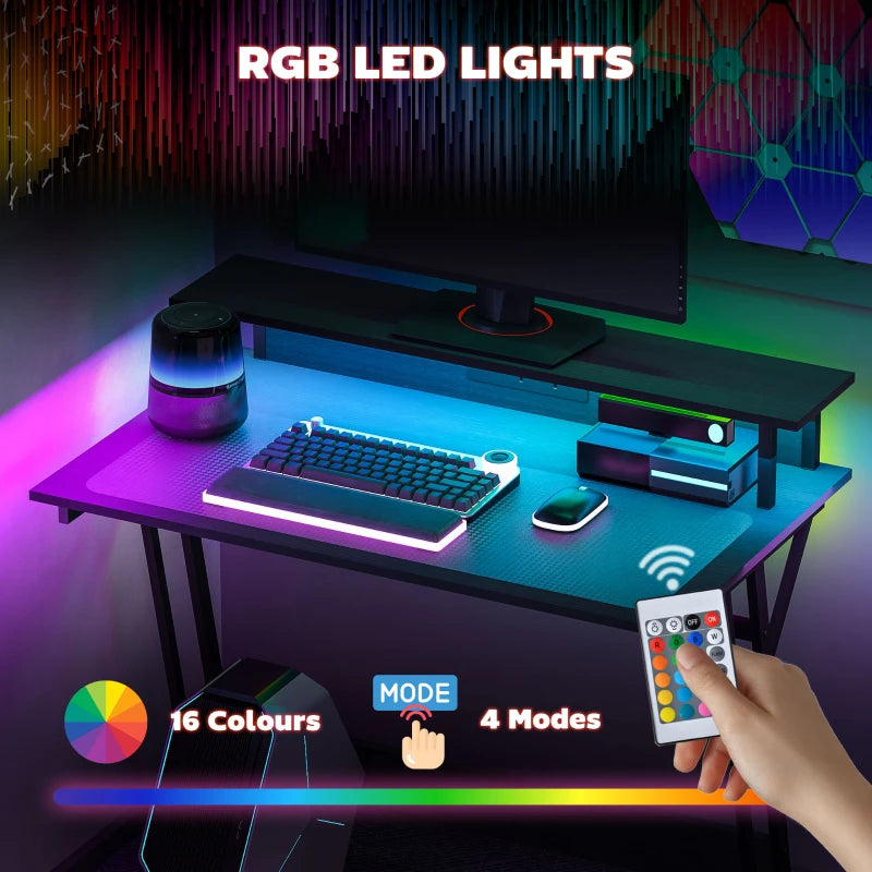 Two-Level LED Gaming Desk - Black | Modern Ergonomic Design with RGB Lighting for Ultimate Gaming Experience