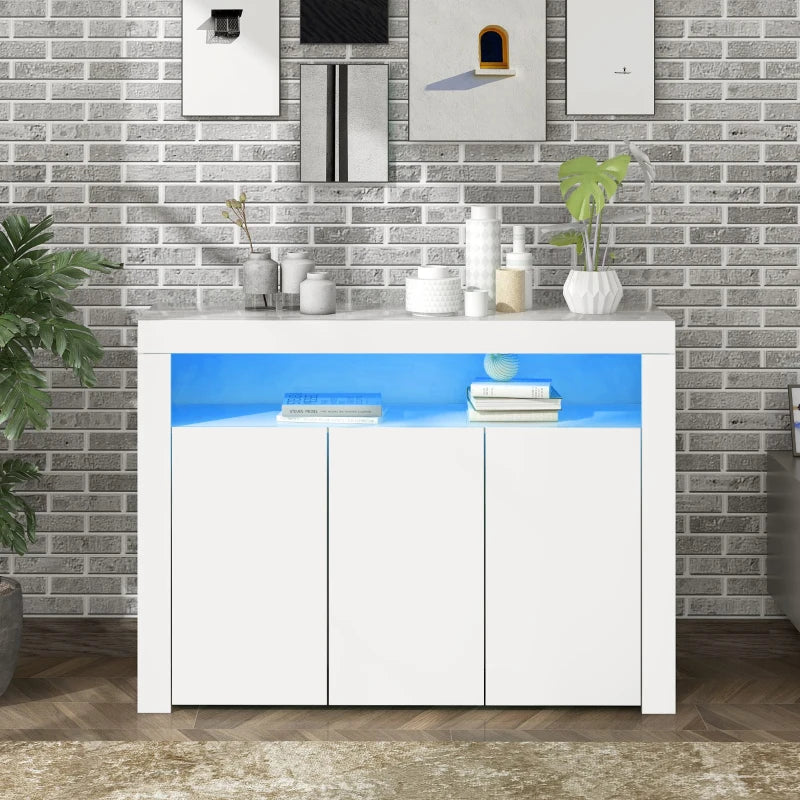 Modern White Sideboard Cabinet with LED Lights - High Gloss 3-Door Kitchen Unit, Remote Control, 130x35x95 cm