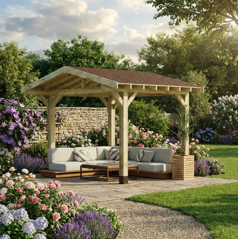 Ruby Wooden Apex Gazebo with Katepal Brown Shingle Roof & Overhang - Premium Weatherproof Garden Gazebo