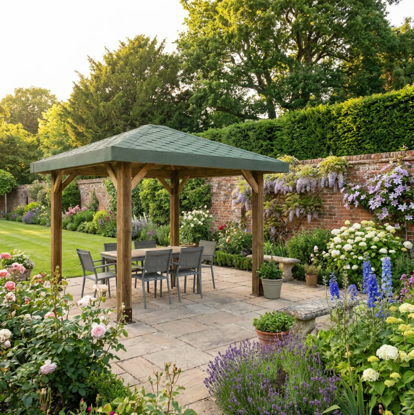 Ruby Wooden 4 Pitch Gazebo with Katepal Green Shingle Roof - Premium Weatherproof Garden Gazebo