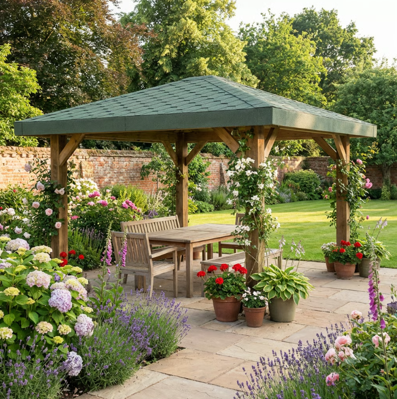 Ruby Wooden 4 Pitch Gazebo with Katepal Green Shingle Roof - Premium Weatherproof Garden Gazebo