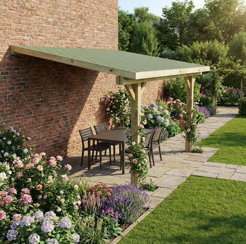 Wooden Lean-To Gazebo with Katepal Green Shingle Roof - Premium Wall-Mounted Garden Gazebo