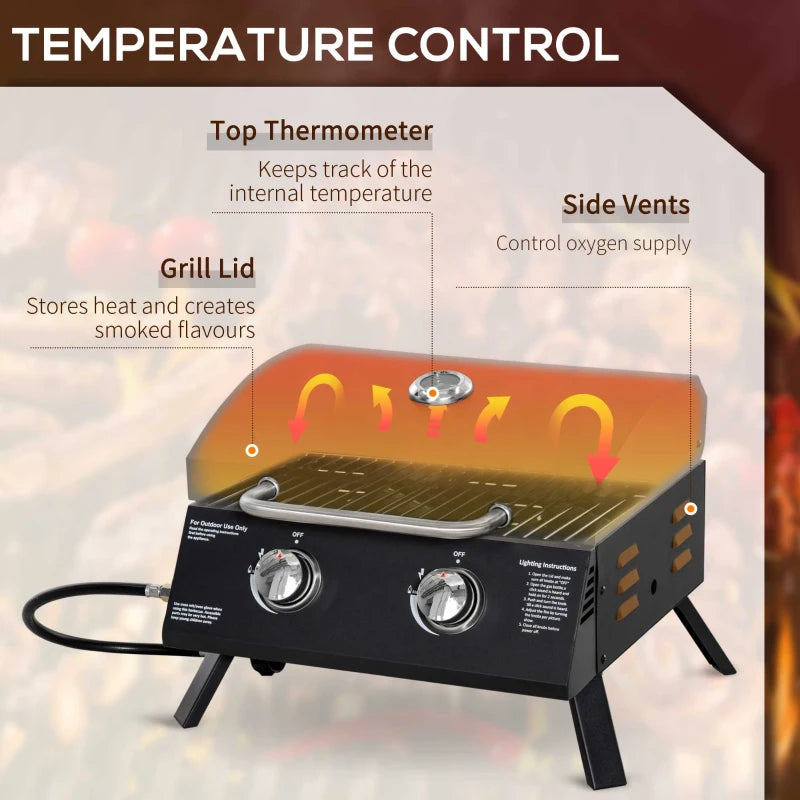 Portable Black 2-Burner Gas BBQ Grill with Lid and Thermometer