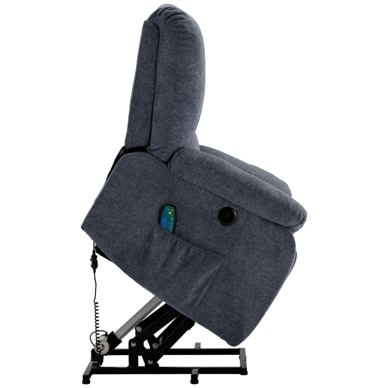 Electric Recliner Armchair with Heating, Massage, USB Ports, and Side Pockets - Light Grey-Blue, 92x94x105 cm