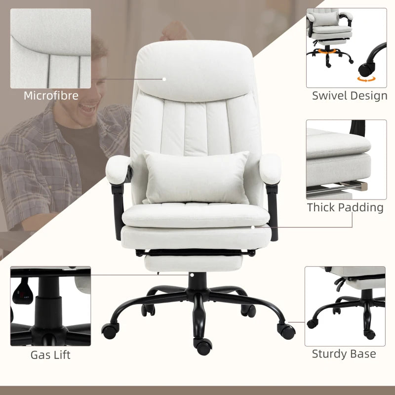 Vinsetto Ergonomic Office Chair with Massage & Heating, 155° Recline, Lumbar Support, Footrest - Cream White