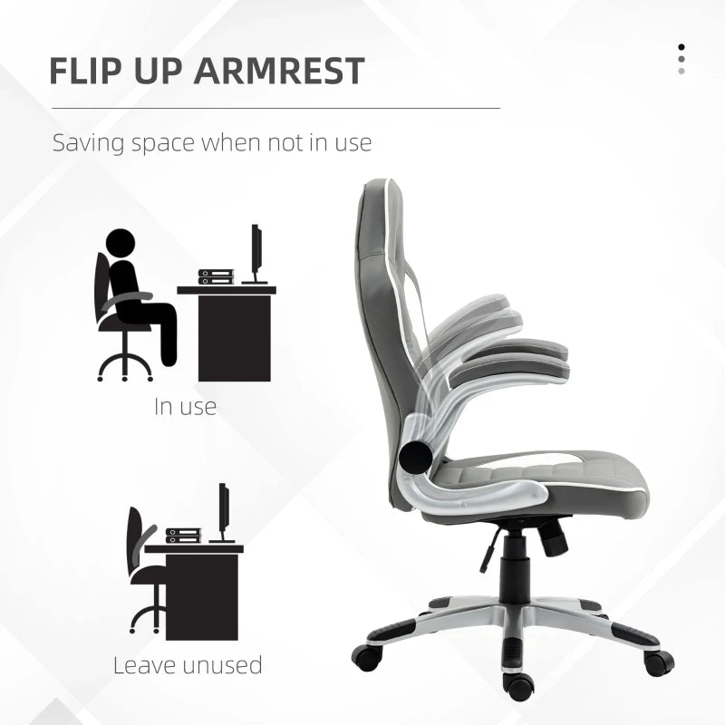 Vinsetto Grey Gaming Chair - PU Leather Office Desk Swivel Chair with Adjustable Height, 90° Flip-up Armrests & Rolling Wheels