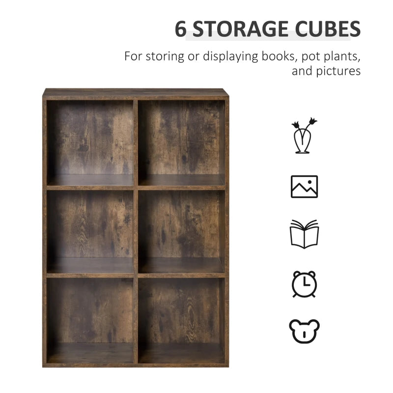 Rustic Brown Six-Cube Bookcase - Stylish Storage Solution for Home & Office, Versatile Wood Effect Design