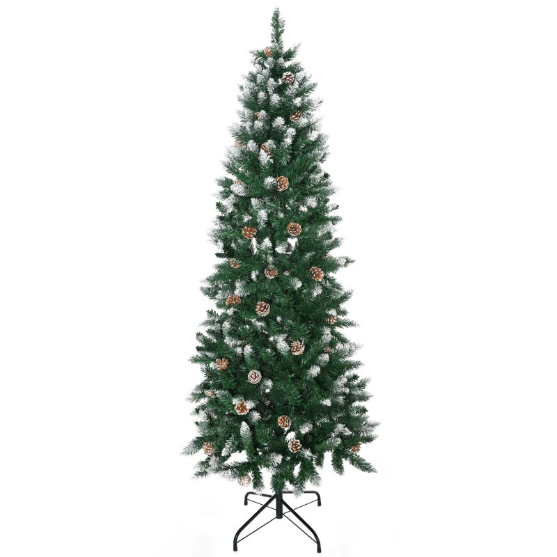 6 Ft Snowy Artificial Christmas Tree with Realistic Branches & Pine Cones - Indoor Holiday Decoration in Green & White