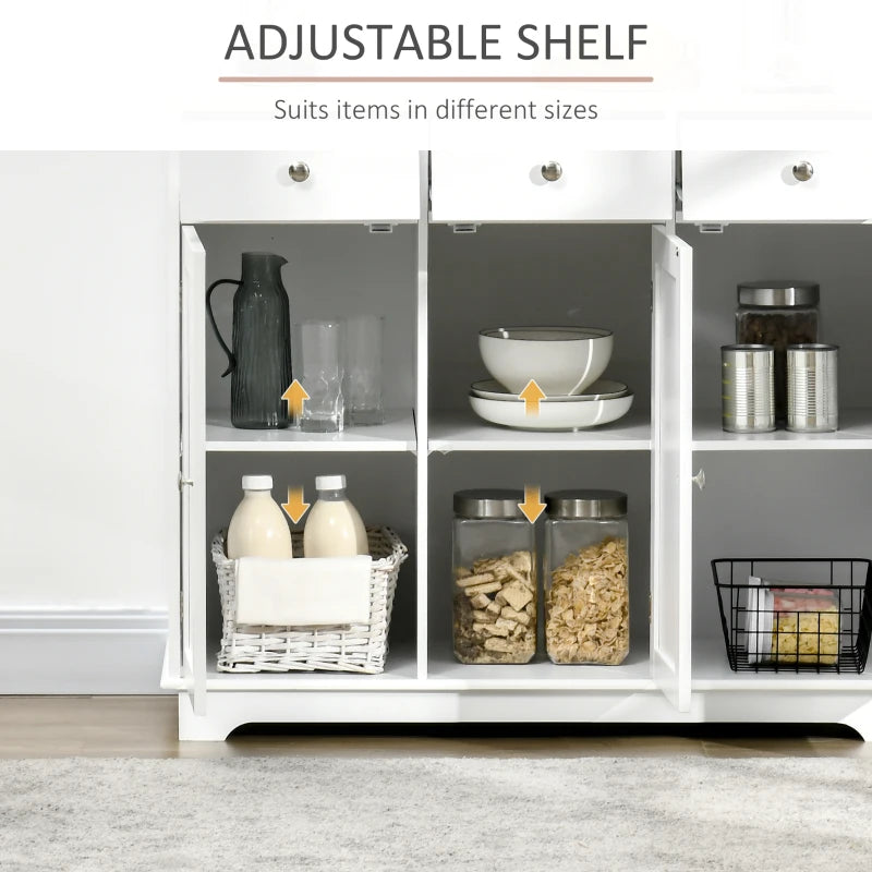 Modern White Sideboard with Rubber Wood Top Storage Cabinet for Dining Room and Living Room 3 Doors 3 Drawers and Adjustable Shelves