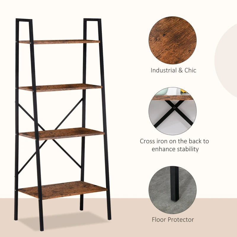 4-Tier Industrial Ladder Shelf - Rustic Brown & Black Bookshelf for Living Room, Bedroom, Kitchen Storage Rack