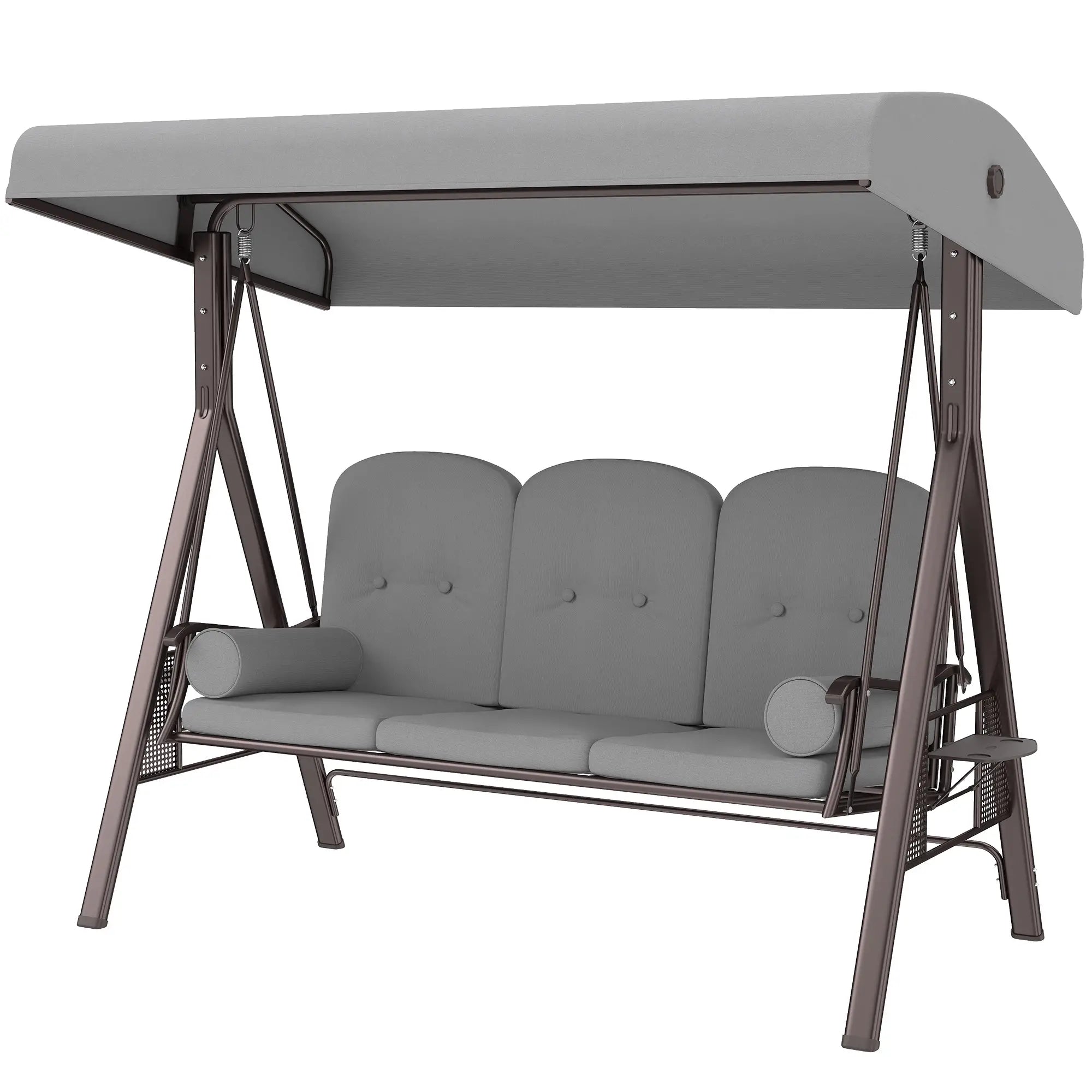 3 Seater Garden Swing Chair with Adjustable Canopy, Cushioned Outdoor Patio Swing Seat, Heavy-Duty Steel Frame, Cup Holder Trays, Weather-Resistant Light Grey Canopy Swing Bench for Garden