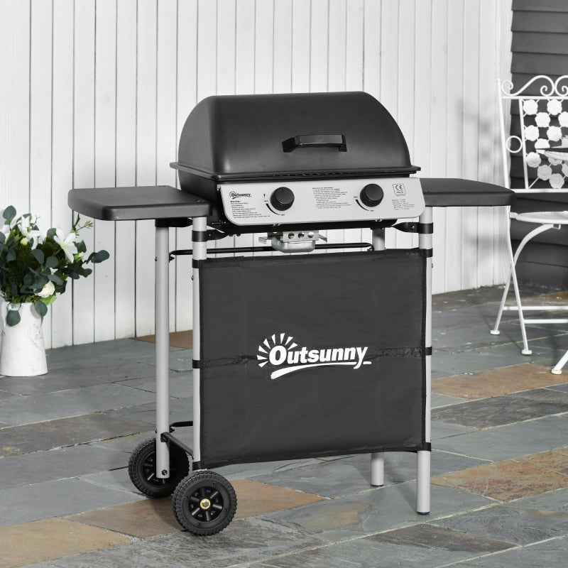 Black 2-Burner Propane Gas BBQ Grill with Side Shelves and Wheels