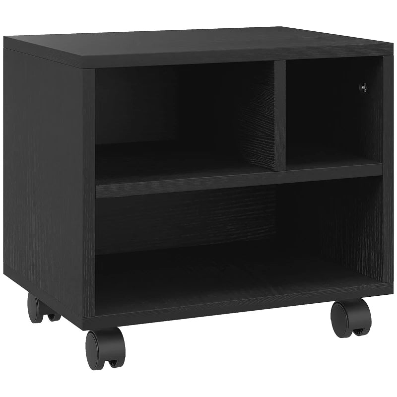 Black Three-Compartment Printer Cabinet on Wheels - Stylish & Functional Storage Solution for Home Office or Workspace