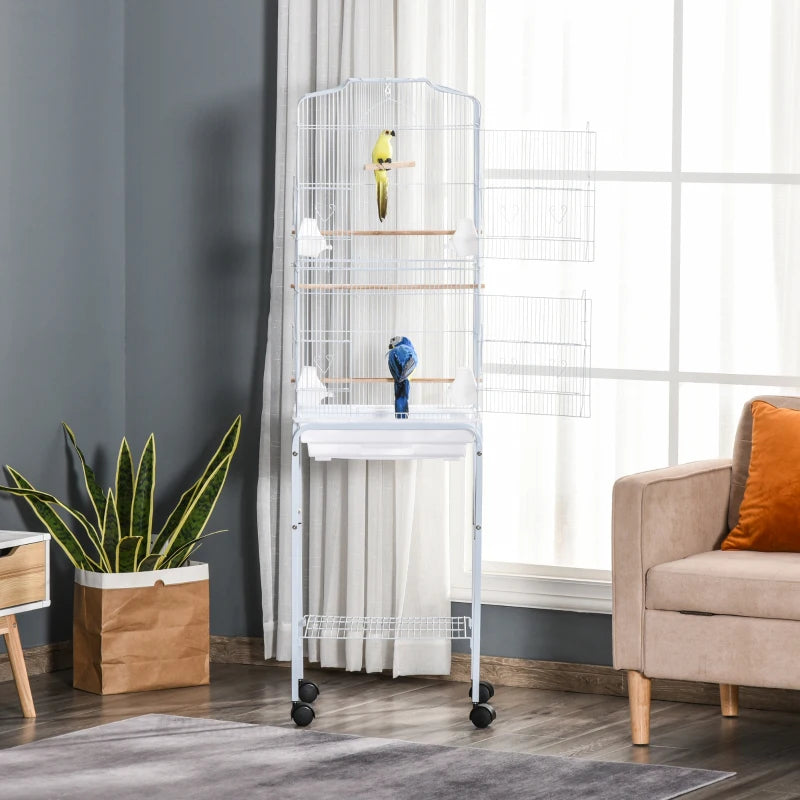 Premium Bird Cage for Budgies, Finches & Parakeets with Stand, Wheels, Slide-out Tray & Storage Shelf - White 46.5x36x157 cm