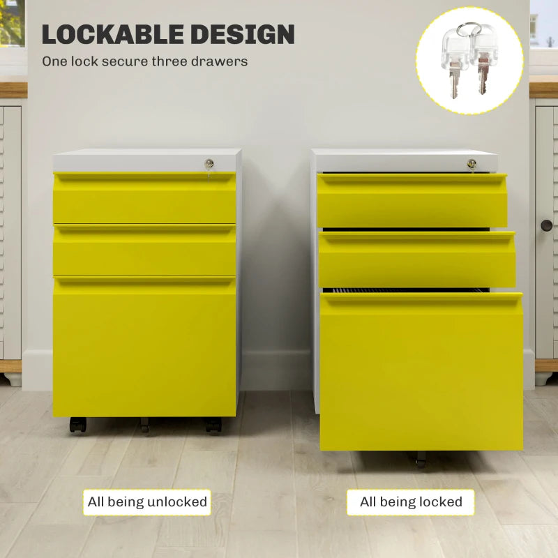 Vinsetto Mobile Metal File Cabinet - 3 Drawer Anti-Tilt Design for Letter, A4, Legal Size - Stylish Yellow