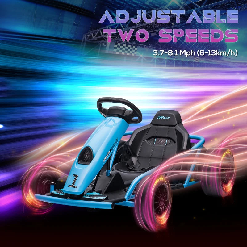 24V Electric Drift Kart for Kids 8-12 Racing Go Kart with 2 Speeds Steering Wheel and Pedals Blue