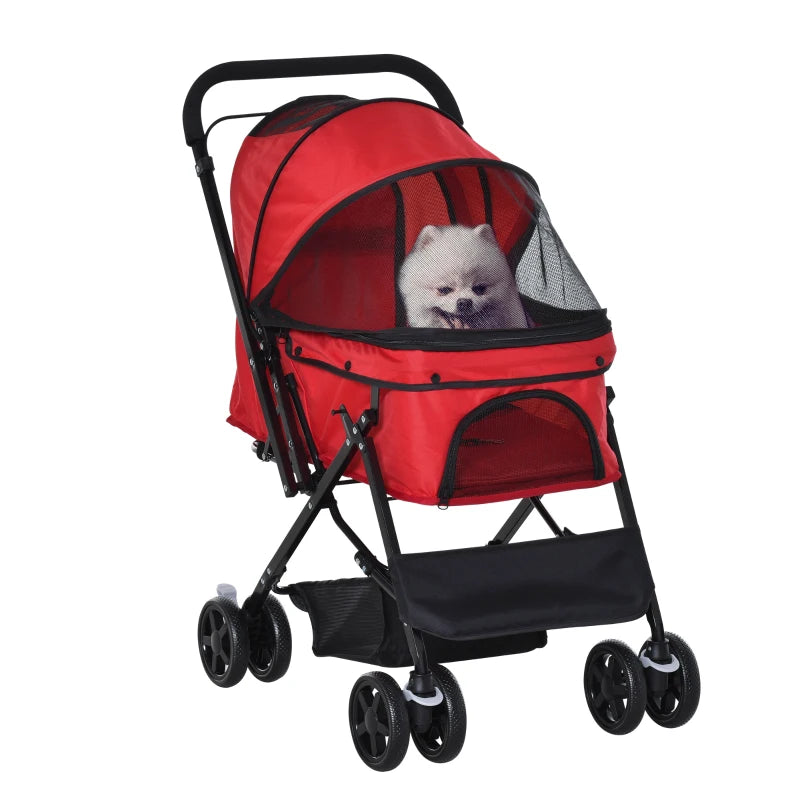 Foldable Pet Stroller for Dogs & Cats - Travel Pushchair with Reversible Handle, Brake & Storage Basket