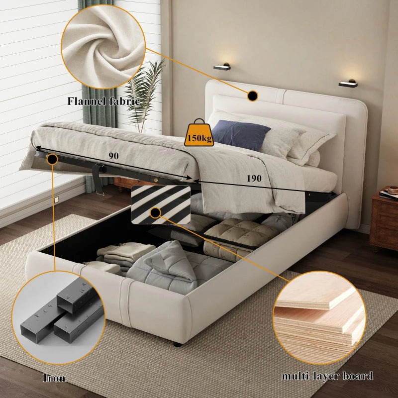 Upholstered Hydraulic Storage Bed with Removable Velvet Headboard - Beige, 210x110x90 cm, Stylish & Functional Bedroom Furniture