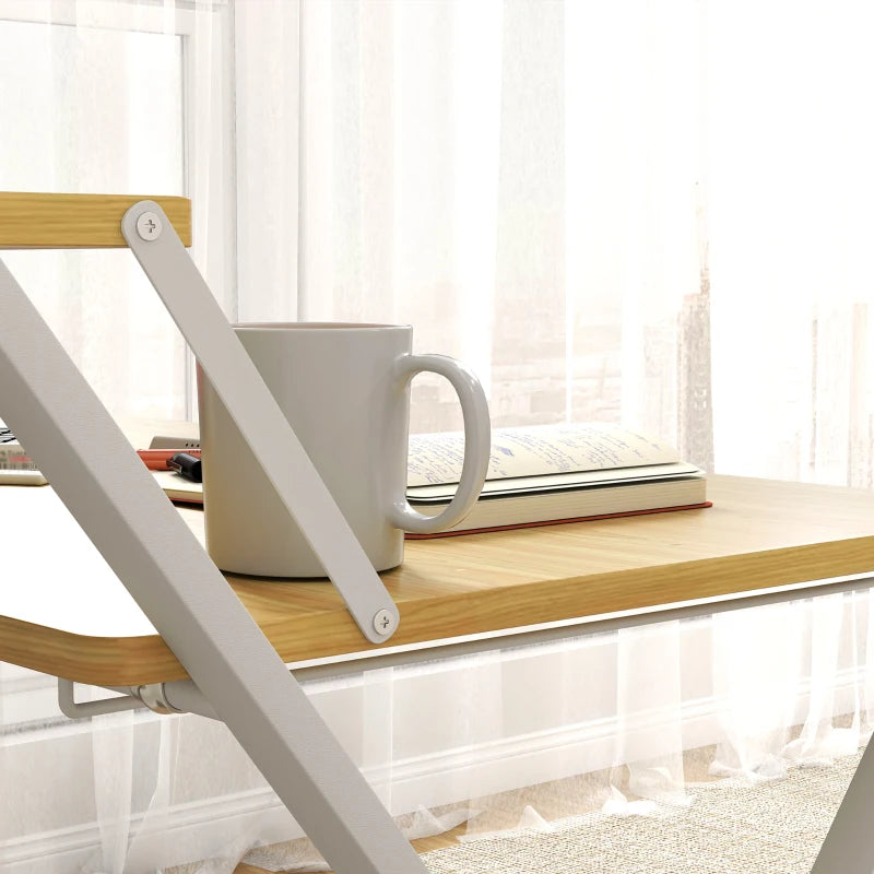 Compact Folding Desk for Small Spaces - Foldable Computer Desk with Storage Shelf, 2-Tier Writing Table, Maple Wood-effect, 86x66x82 cm