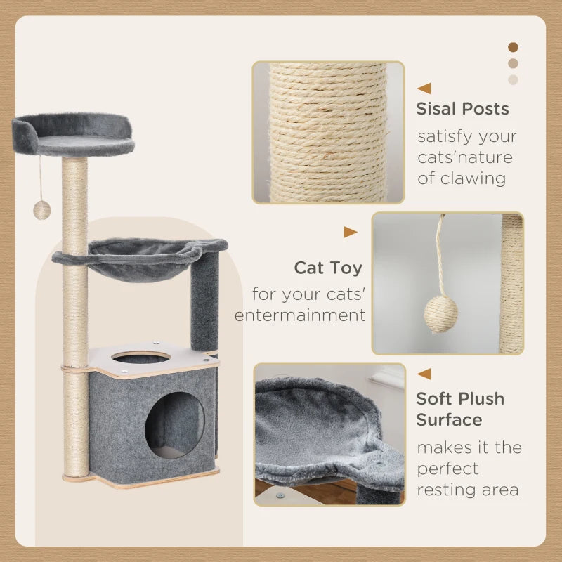 95cm Cat Tree for Indoor Cats - Climbing Tower with Scratching Post, Condo, Hammock & Hanging Toy - Grey
