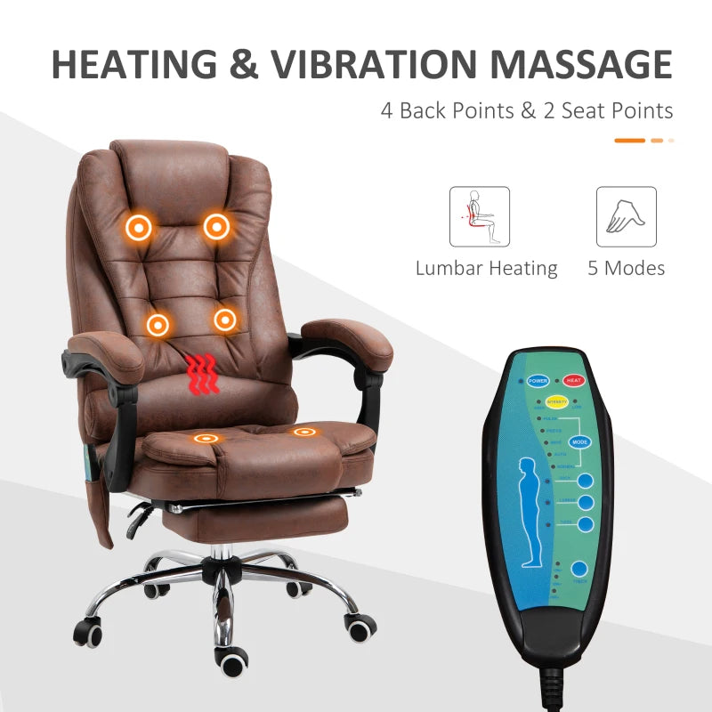 Vinsetto Heated Massage Office Chair - 6 Vibration Points, Ergonomic High Back, Adjustable Recliner with Footrest - Brown