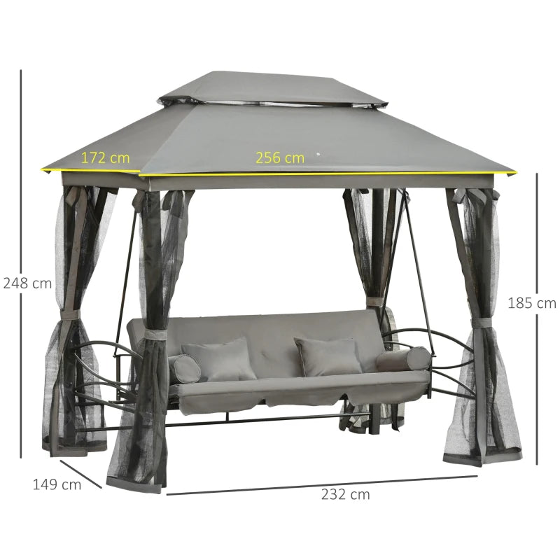 Grey 3-Seater Convertible Garden Swing Bed with Canopy