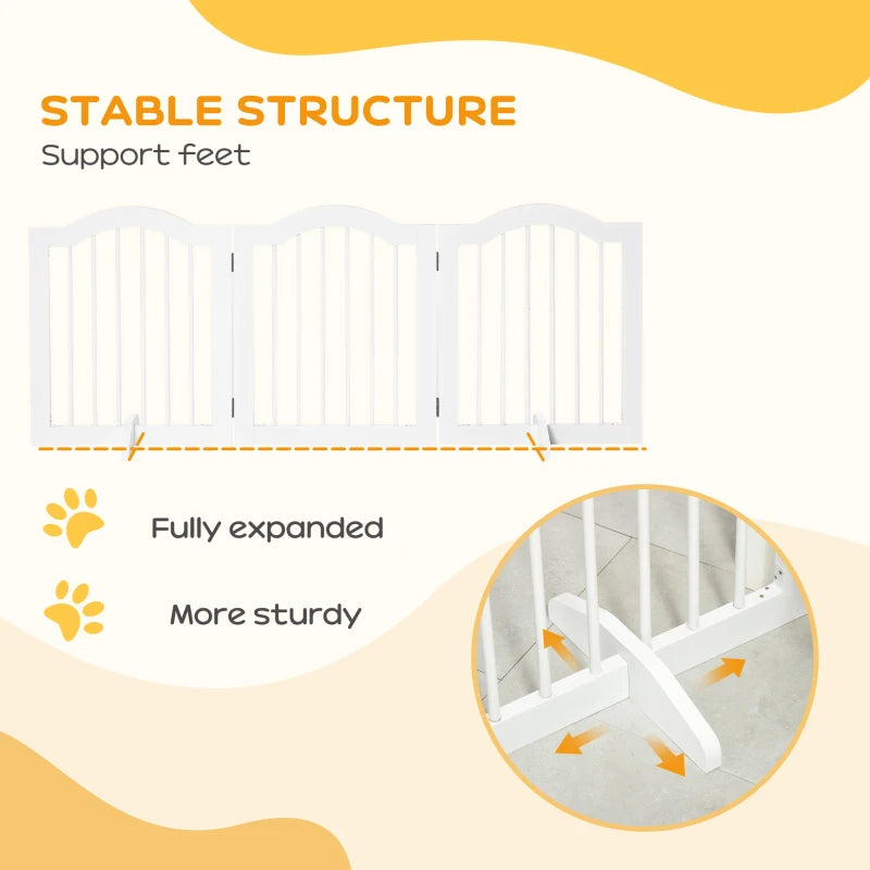 Freestanding 3 Panels Dog Gate with Support Feet - White Wooden Safety Barrier for Pets
