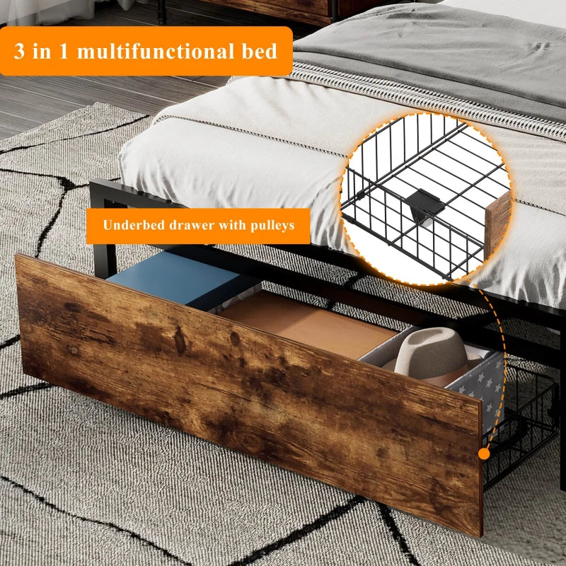 Unique Black Metal Bed with LED Light Strip, USB Ports & Drawer - Modern Bedroom Furniture, 207.5x90.5x105 cm, Dark Walnut Accent