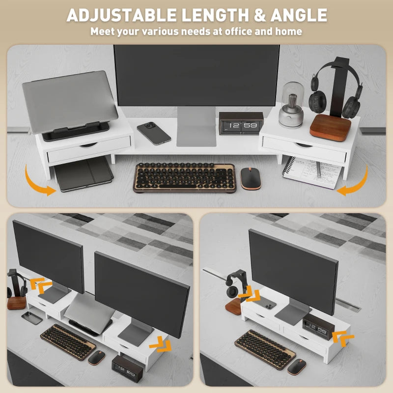 Dual Monitor Stand Riser with 2 Drawers - Adjustable Length & Angle, 116cm for Laptop, PC, Printer - White