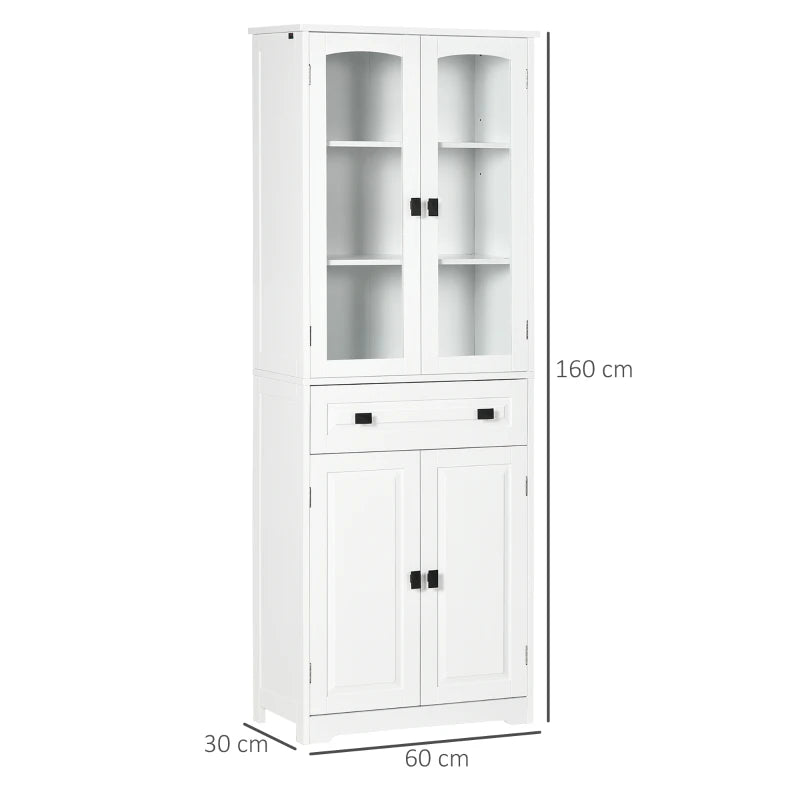 Stylish White Freestanding Kitchen Cupboard - 160cm Storage Cabinet with Glass Door, 2 Adjustable Shelves & Drawer for Living Room/Dining Room