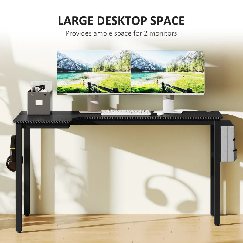 L-Shaped Gaming Desk with Fabric Bag, Hooks & Cable Management - 145x81x76cm - Stylish Black Computer Desk