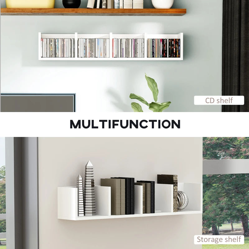 Wall Mount Media Storage Rack - 84 CD / 56 DVD/Blu-ray Organizer, 4 Cubes, Set of 2, White Wooden Shelf Unit