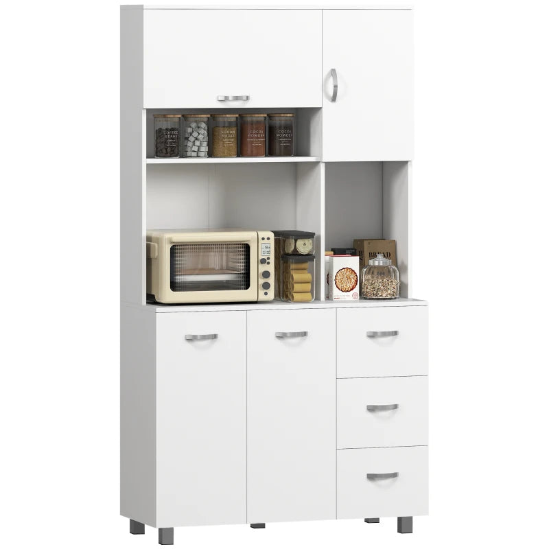 183cm Tall Kitchen Cupboard Storage Cabinet with Countertop, 3 Drawers, Flip Top Door, 3 Doors & Open Shelves - White
