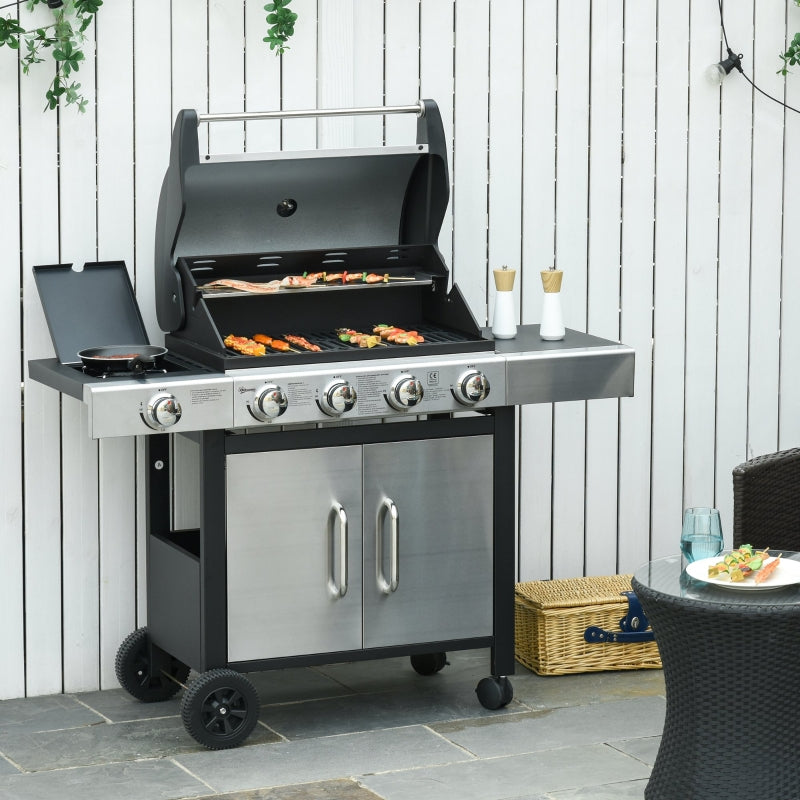 Stainless Steel 4+1 Burner Gas BBQ Grill with Smoker, Side Burner, and Storage Cabinet - Black