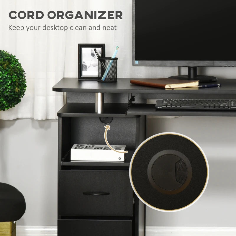 Modern Black Computer Desk with Keyboard Tray, CPU Shelf, Drawers & Sliding Scanner Shelf - Ideal Office Workstation