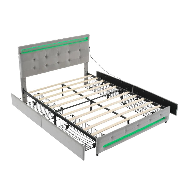 Velvet Upholstered Double Bed with Storage & LED Lights - Soft Backrest, 4 Drawers, Gray - 198x140x98 cm