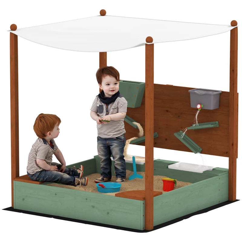 Wooden Sandpit with Canopy and Storage Bins for Kids Outdoor Play 116x112.5x128 cm Green