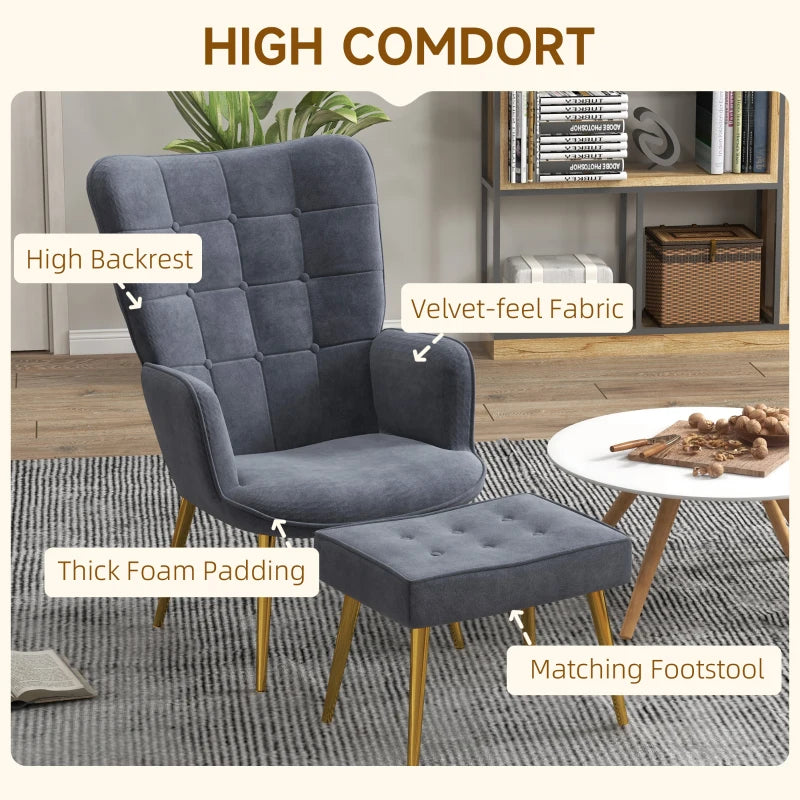 Stylish Velvet Wingback Armchair with Footstool for Living Room, Bedroom or Home Office in Dark Grey