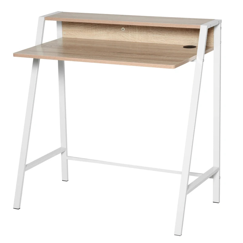 Modern White and Oak Writing Desk - 84L x 45W cm Home Office Computer Table with Storage Shelf for PC & Laptop