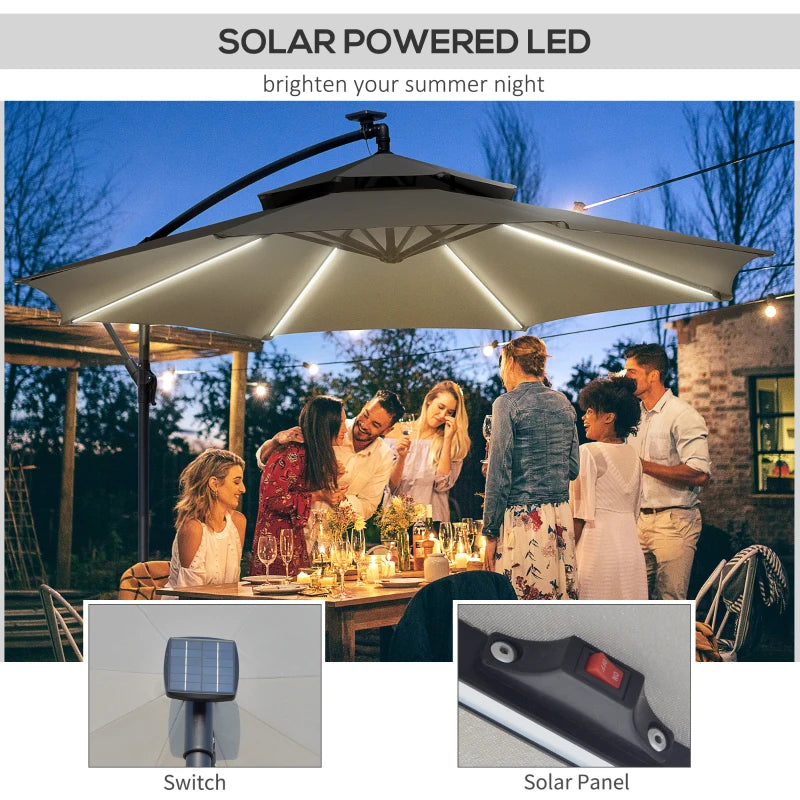 Light Grey Cantilever Hanging Umbrella with LED Solar Lights