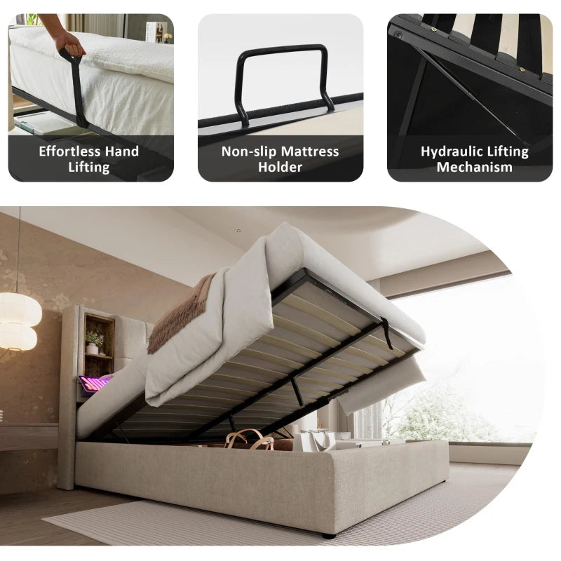 Upholstered Double Bed with Wireless Charging and Hydraulic Storage in Natural Linen Fabric