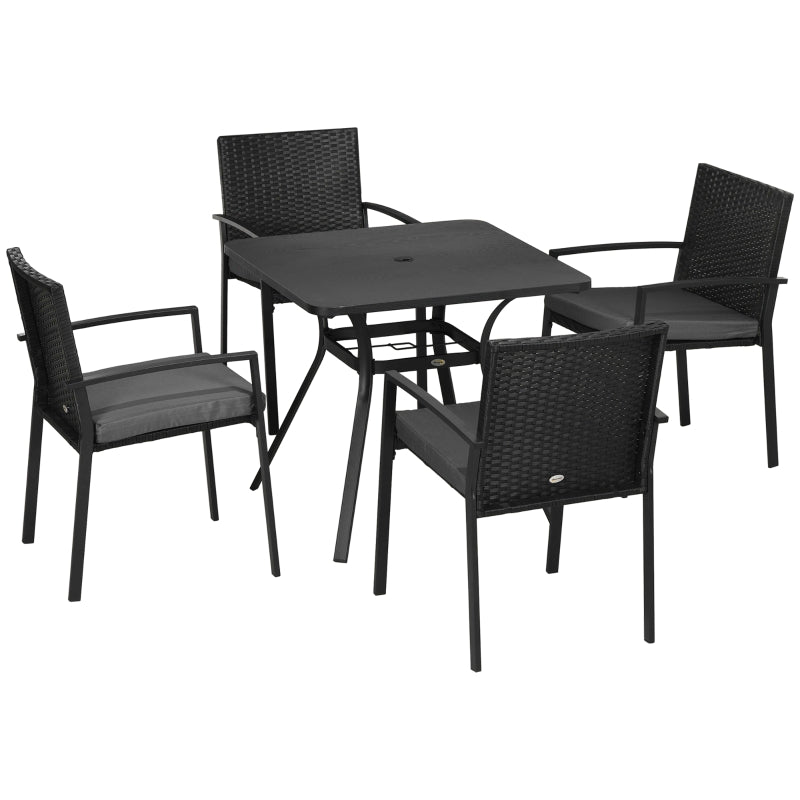 5-Piece Black Rattan Garden Dining Set with Cushioned Chairs