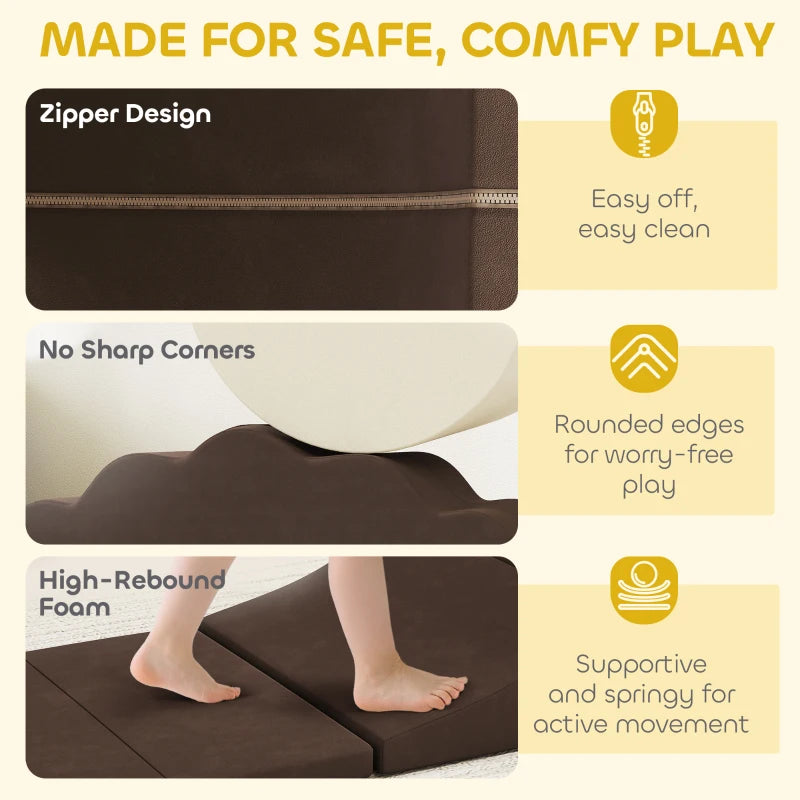 7 Piece Soft Play Set for Kids Indoor Climbing and Crawling Foam Toy Brown
