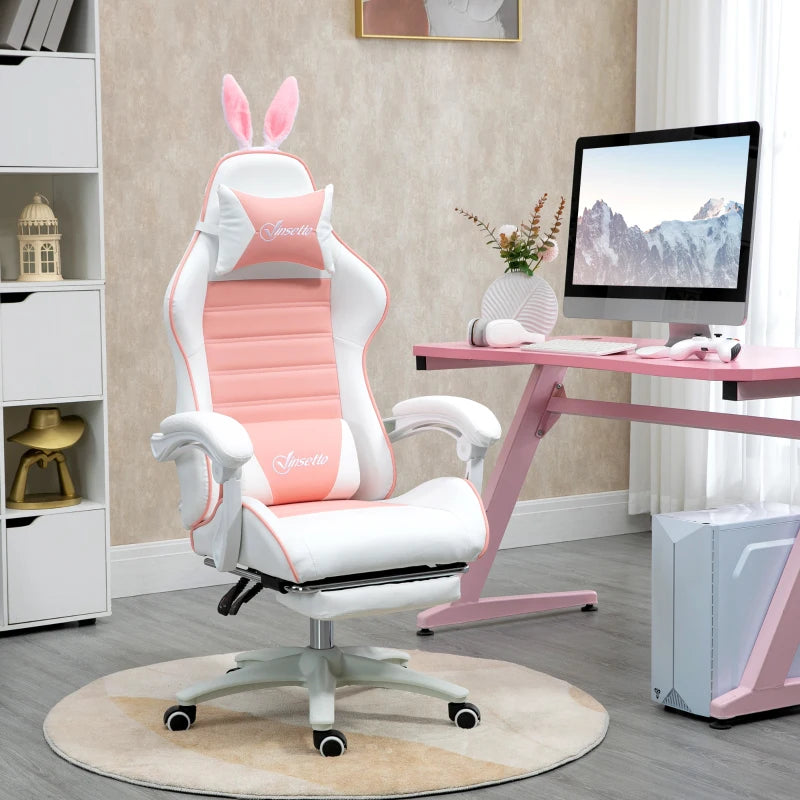 Vinsetto Pink Racing Gaming Chair - Reclining PU Leather, Removable Rabbit Ears, Footrest, Headrest & Lumbar Support