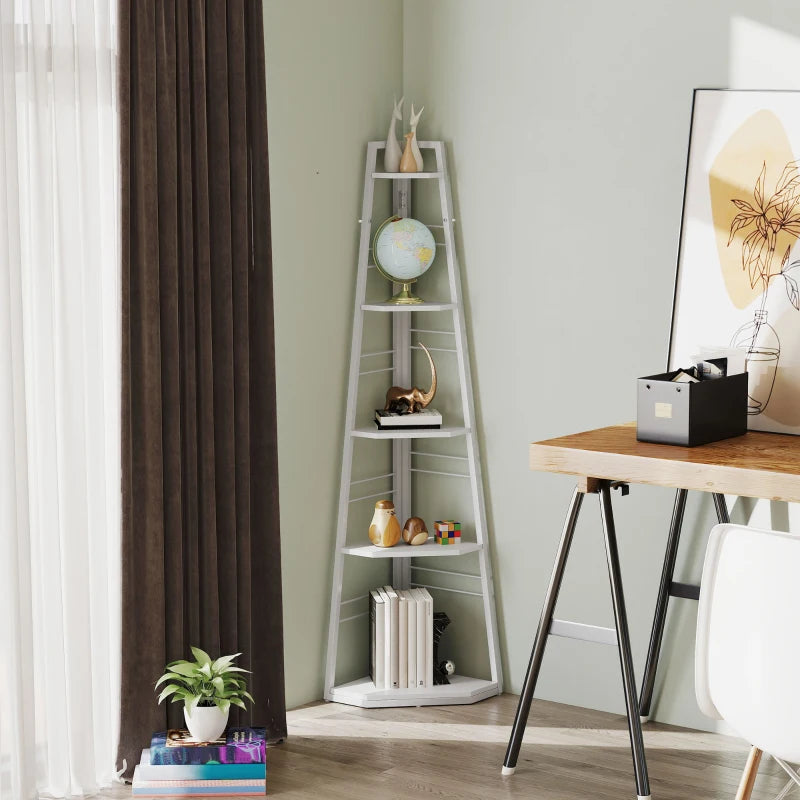 Stylish Five-Tier Corner Shelf in White - Space-Saving Storage Solution for Home Decor and Organization