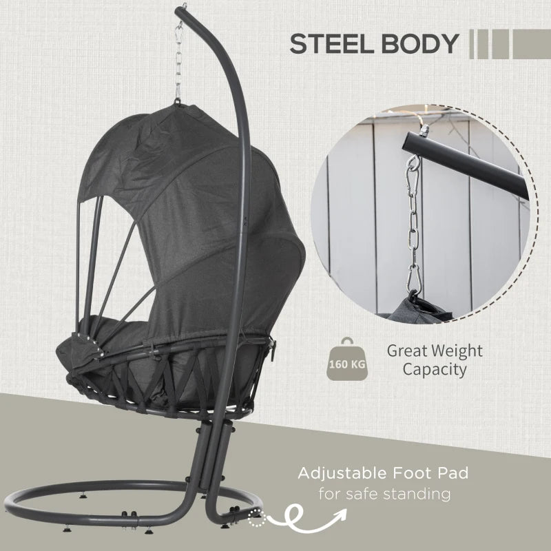 Grey Hanging Egg Swing Chair with Stand, Cushion, and Canopy