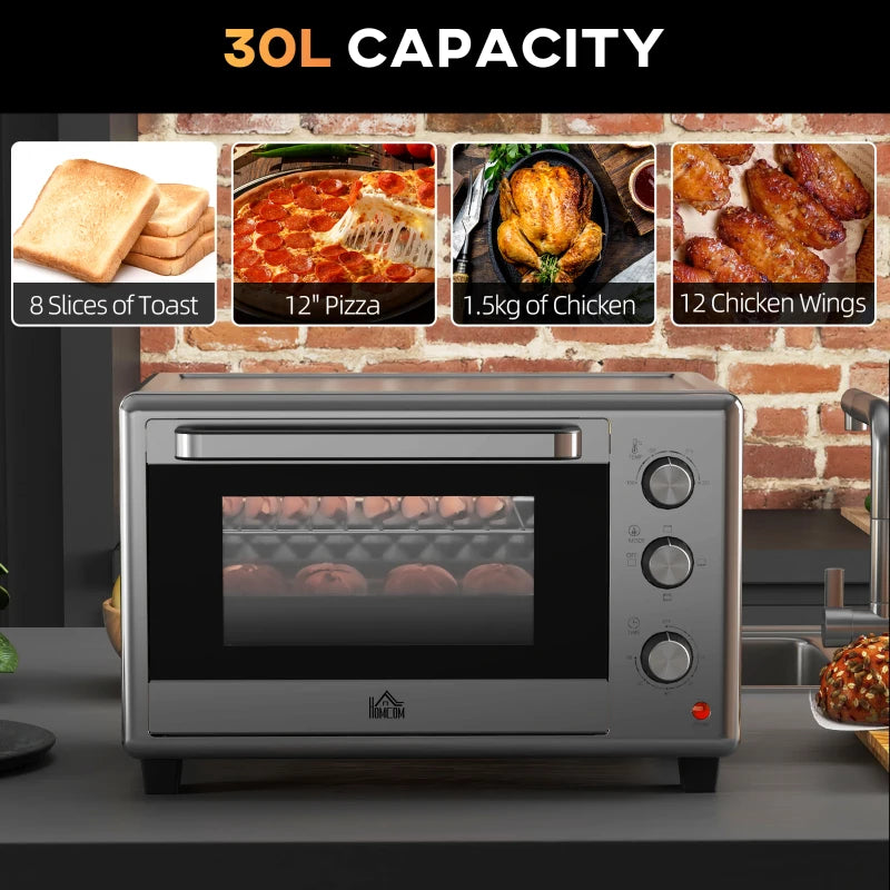 30L Mini Electric Oven with Accessories - Silver Tone, Compact Countertop Oven for Baking, Broiling & Toasting