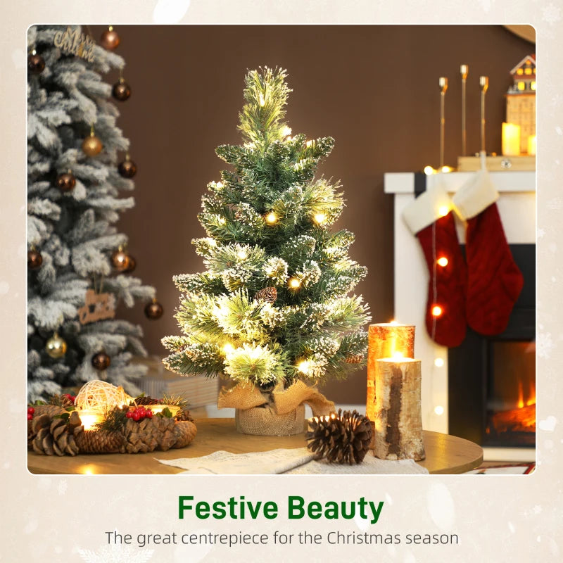 60 cm Prelit Snow Flocked Mini Christmas Tree with 35 LED Lights, Pine Cones, Linen Base - Battery Operated Green Tabletop Decor