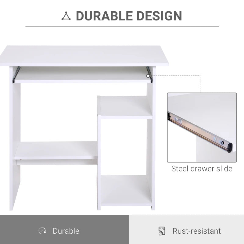Compact Modern White Wooden Computer Desk with Keyboard Tray & Storage Shelf - Ideal Corner Table for Home Office